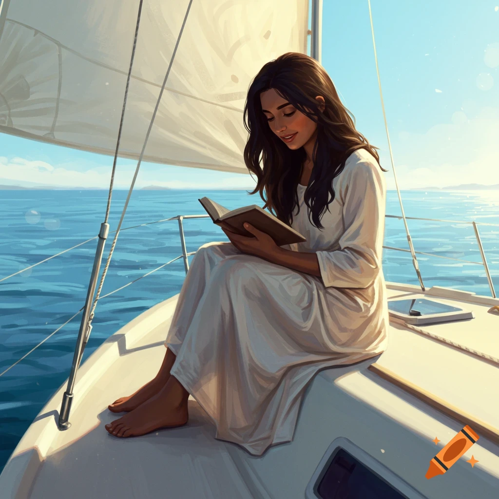 Dark-haired woman reading on sailboat deck