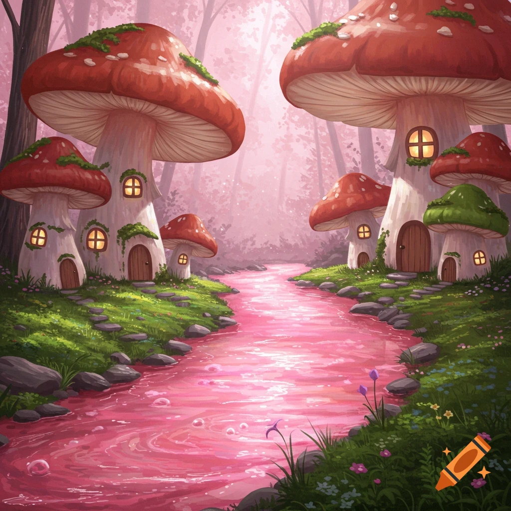 A vibrant image of mushroom-shaped houses nestled beside a bright pink river flowing through a fantasy forest.