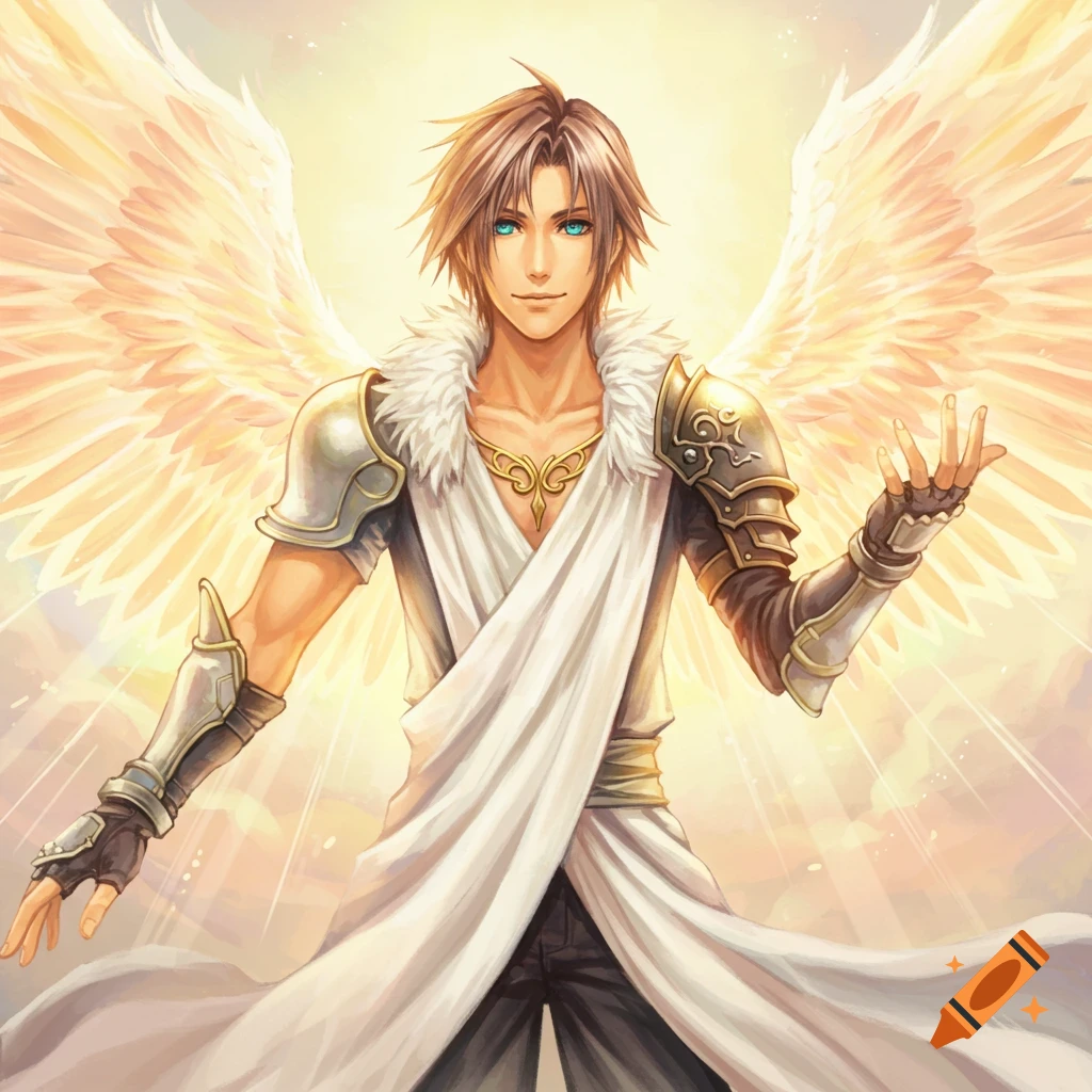 An anime-style depiction of a male character with golden wings, white robe, and armor, bathed in light.