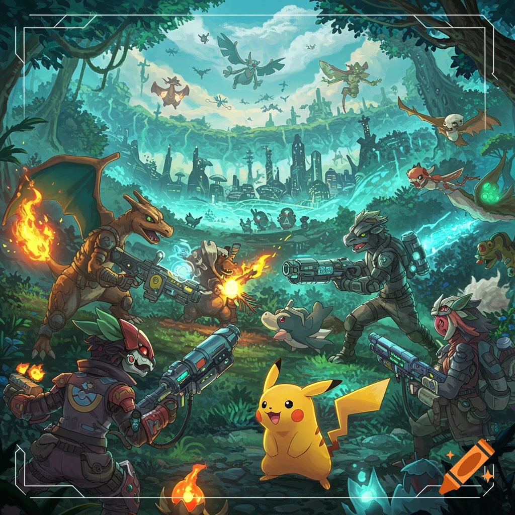 Armored Pokemon and Palworld creatures battle with futuristic weapons around Pikachu in a jungle city.