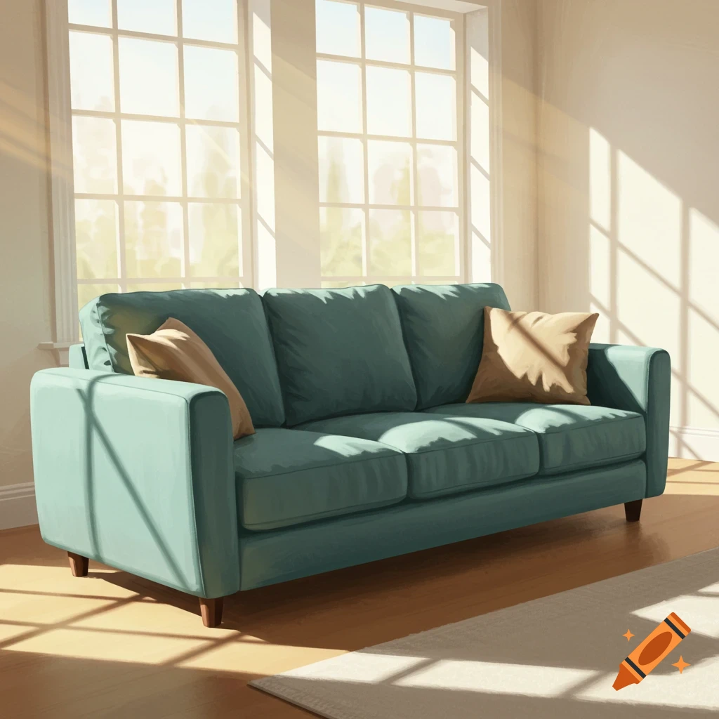 A comfy blue couch bathed in sunlight from a window.