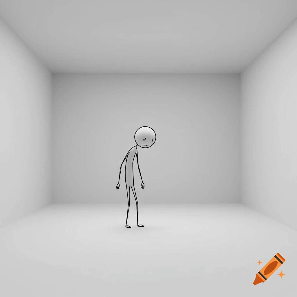 A sad stick figure stands in a bright, empty white room.