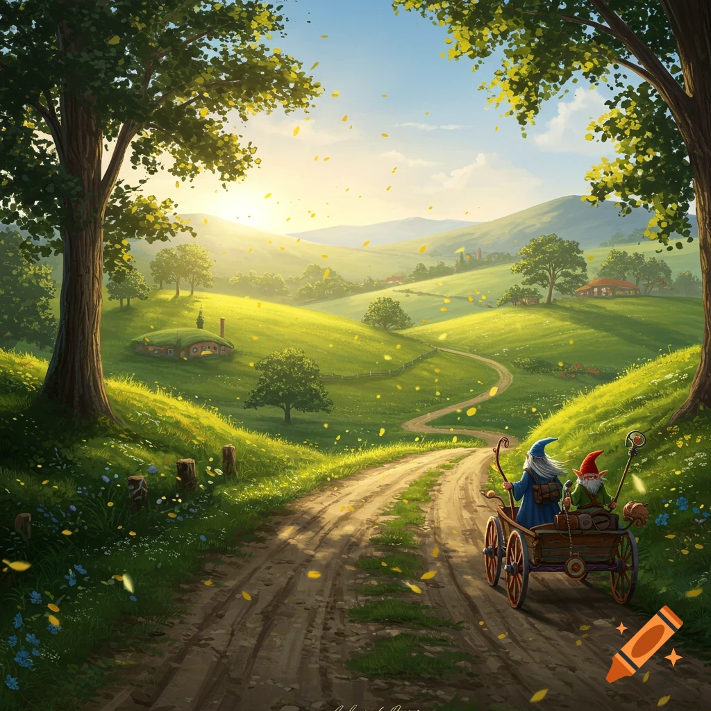 Two figures (wizard and gnome) are in a wagon on a dirt road in a sunny, green fantasy landscape with hobbit holes.