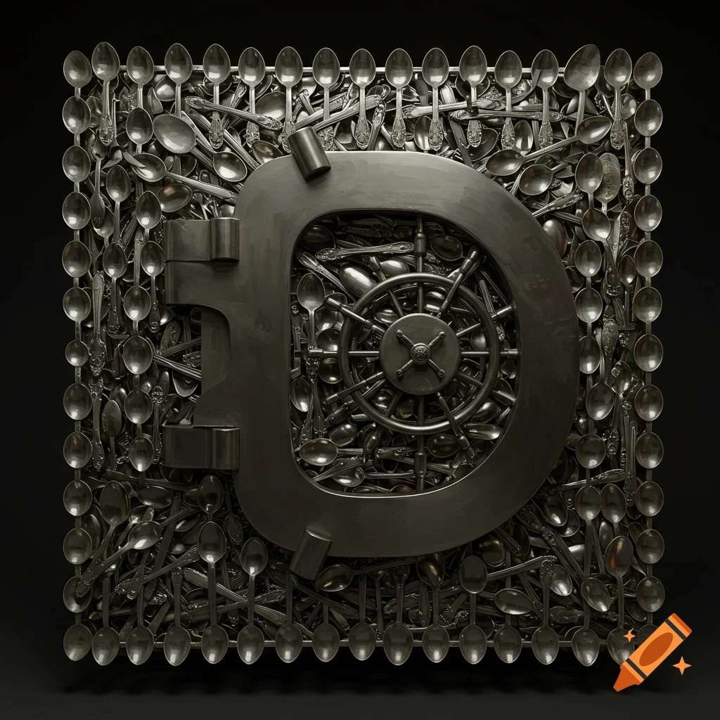 A square vault door made from tangled silver spoons, featuring a large 'D' shape and central lock wheel.