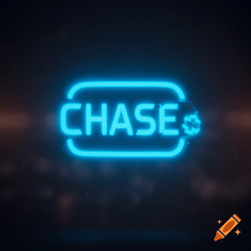 Neon blue Chase bank logo sign on a dark, blurry background.
