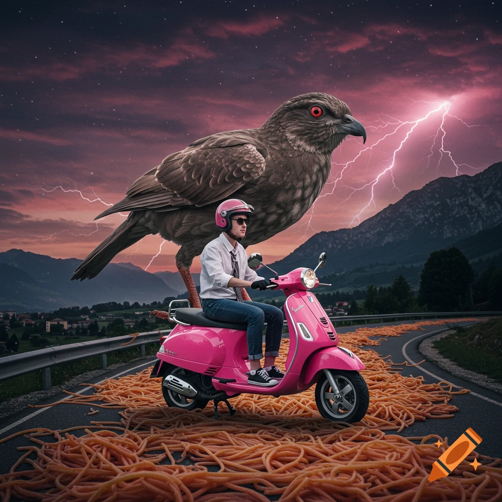 Man on pink scooter and giant bird ride on a road of spaghetti under a stormy sky. Surreal art.