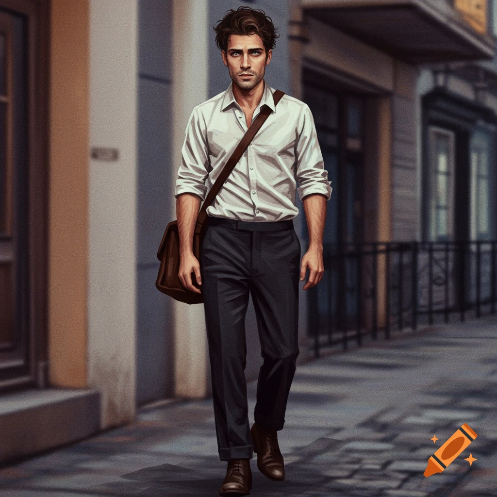 A man in a white shirt and dark pants walks down a street carrying a satchel.