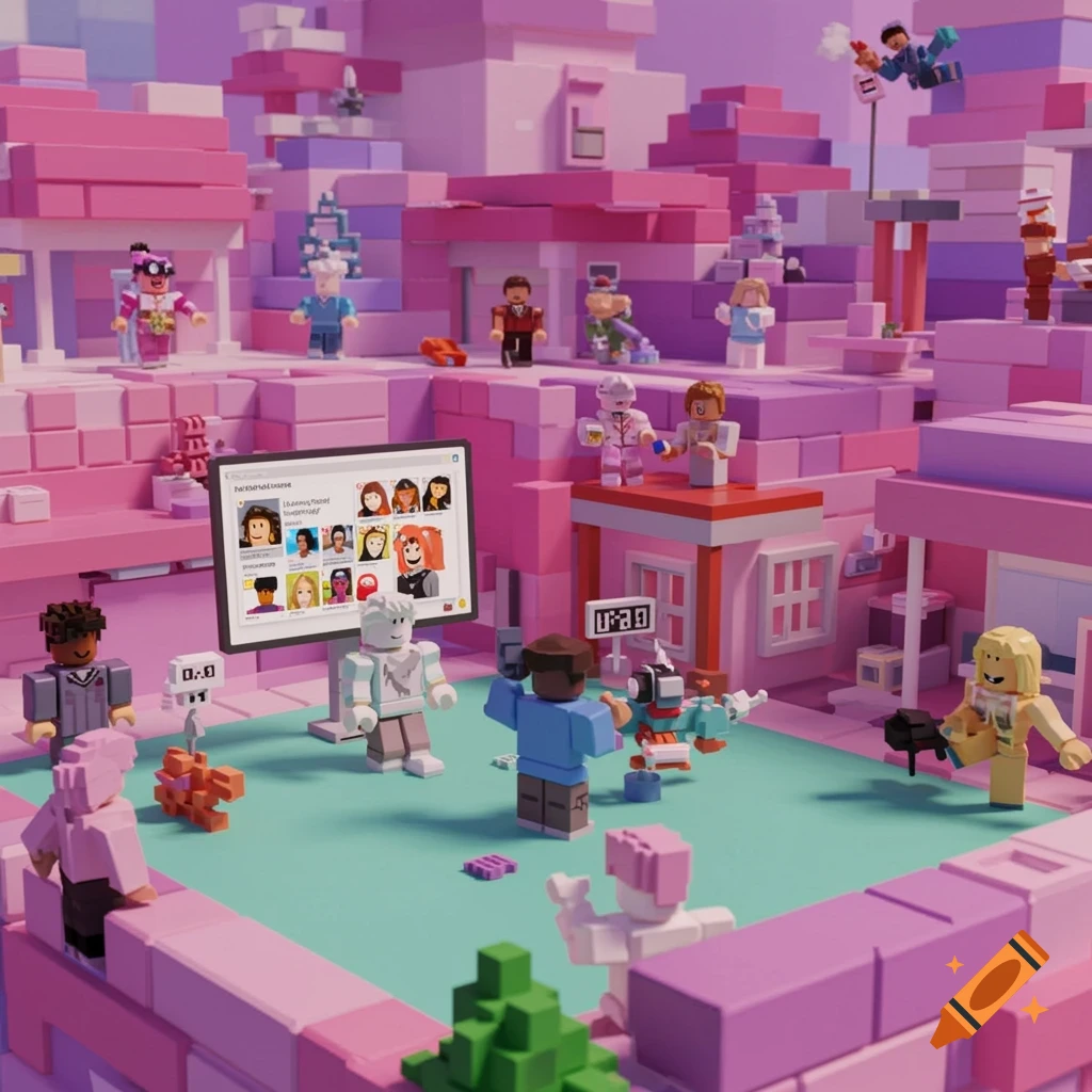 A colorful blocky 3D render in Roblox style showing avatars in a pink cityscape with a screen.