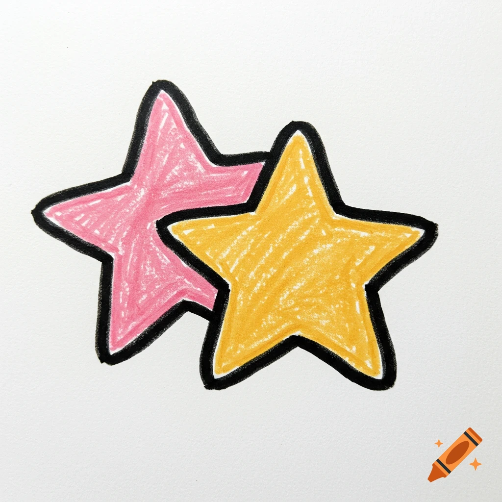 Two overlapping crayon-drawn stars, one pink and one yellow, outlined in black on white.