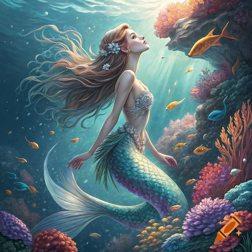 Digital illustration of a mermaid swimming underwater with fish and coral.