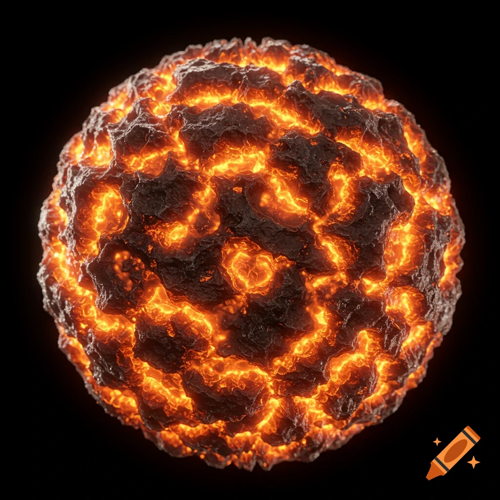 A detailed 3D render of a sphere made of molten rock and glowing fire.