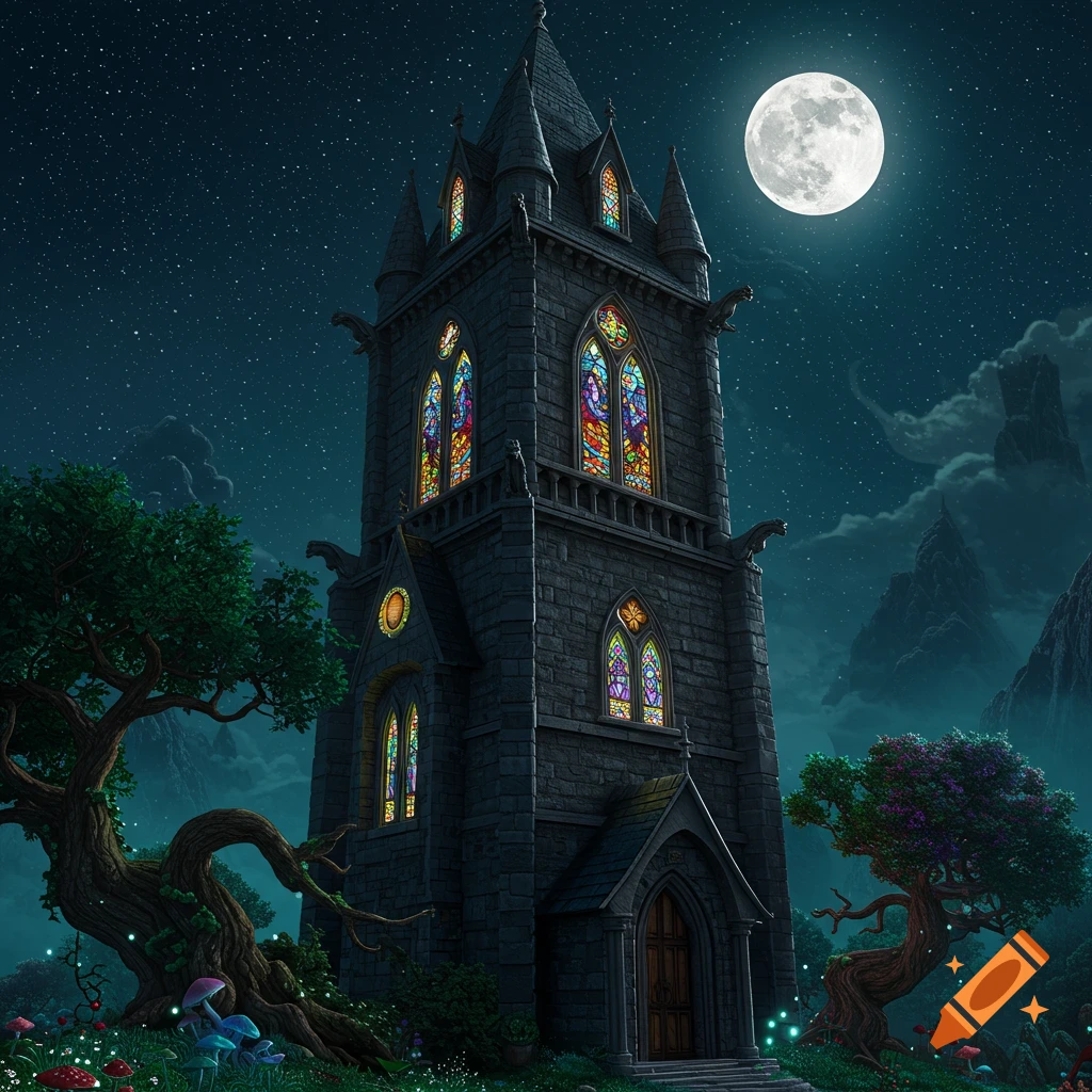 A gothic fantasy tower with stained glass windows under a full moon at night, surrounded by twisted trees and glowing mushrooms.