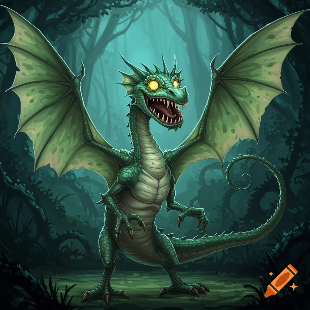 A green dragon-like creature with wings and sharp teeth in a dark forest, whimsical illustration.