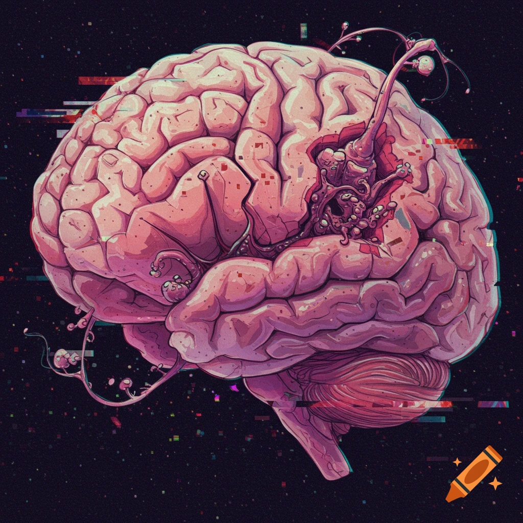 A human brain with a grotesque growth inside, glitch artifacts, on a starry background