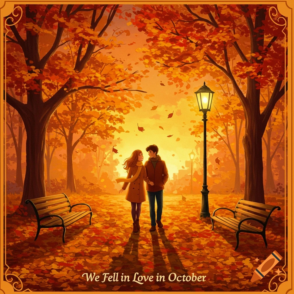 A couple walks hand-in-hand through an autumn park as colorful leaves fall around them.