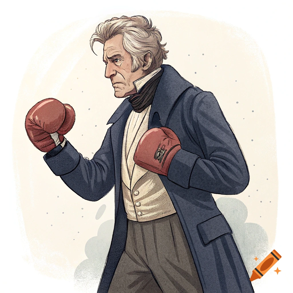 Cartoon illustration of Andrew Jackson wearing historical clothes and red boxing gloves, posed ready to fight.