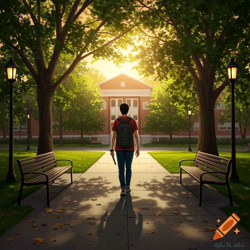 An illustration of a student walking on a sunny campus path towards a building, lined with trees and benches.