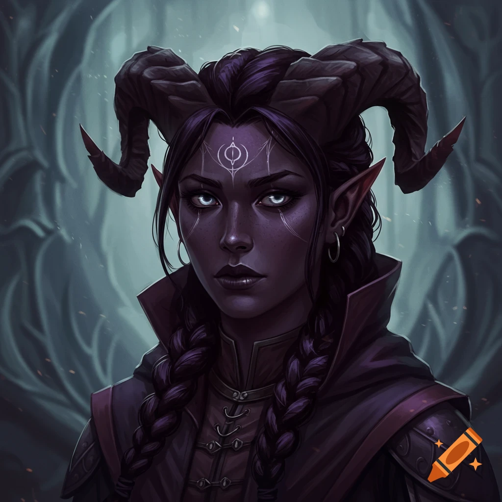 portrait of a female fantasy character with dark skin, horns, pointed ears, and facial markings against a dark background.