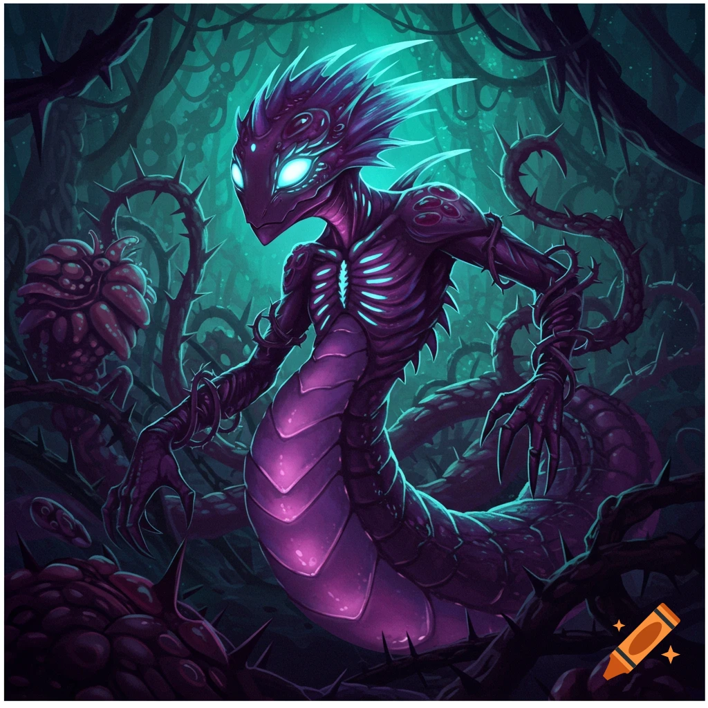 A glowing purple mutated creature with a snake body and thorny vines in a dark forest.