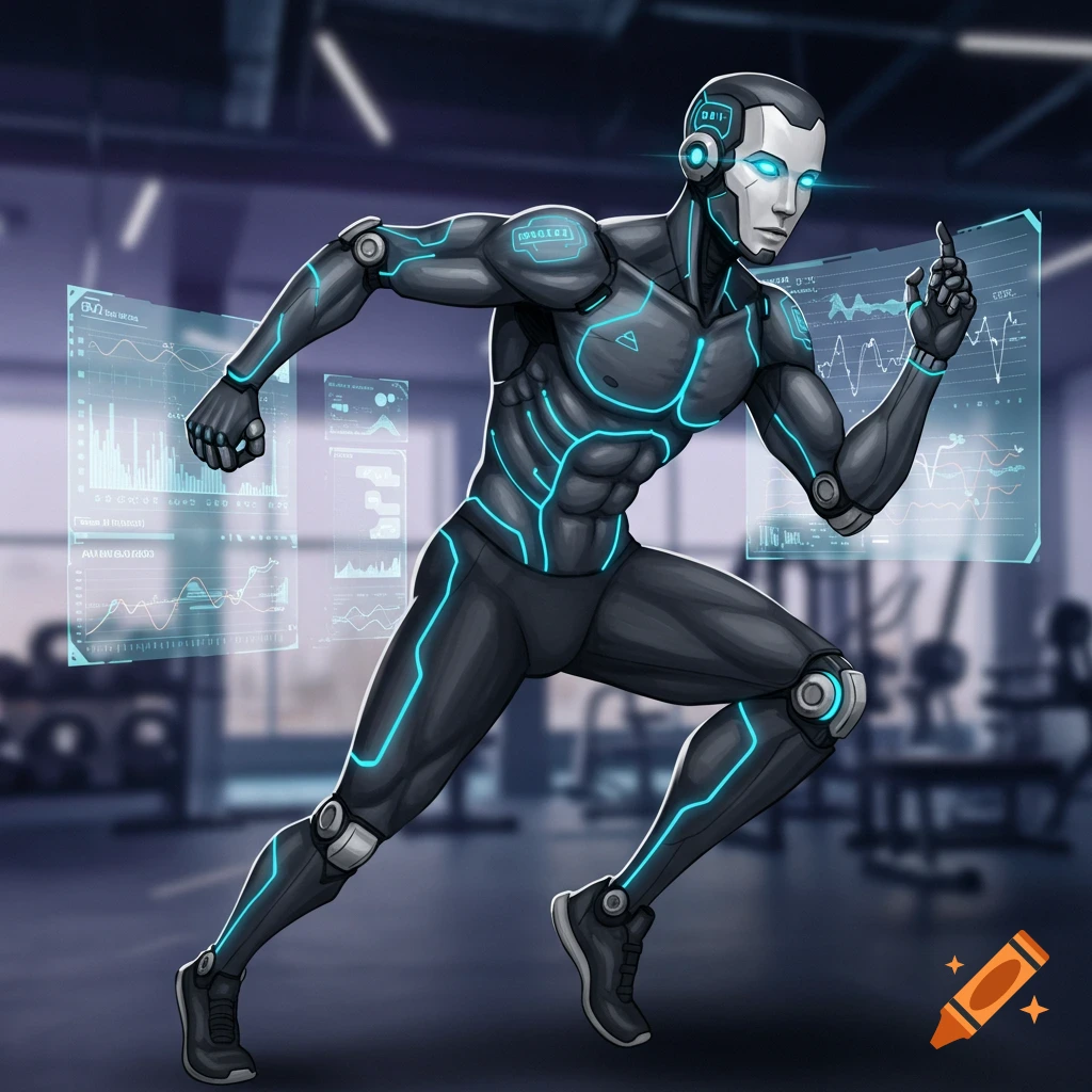 A futuristic robot with glowing blue lines runs in a gym, surrounded by floating data screens.