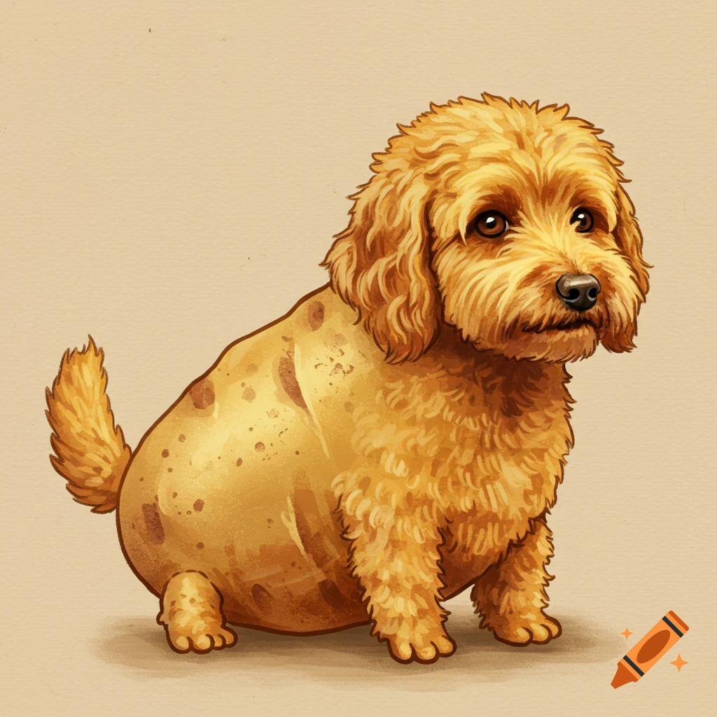 A Golden Doodle dog with a potato body.
