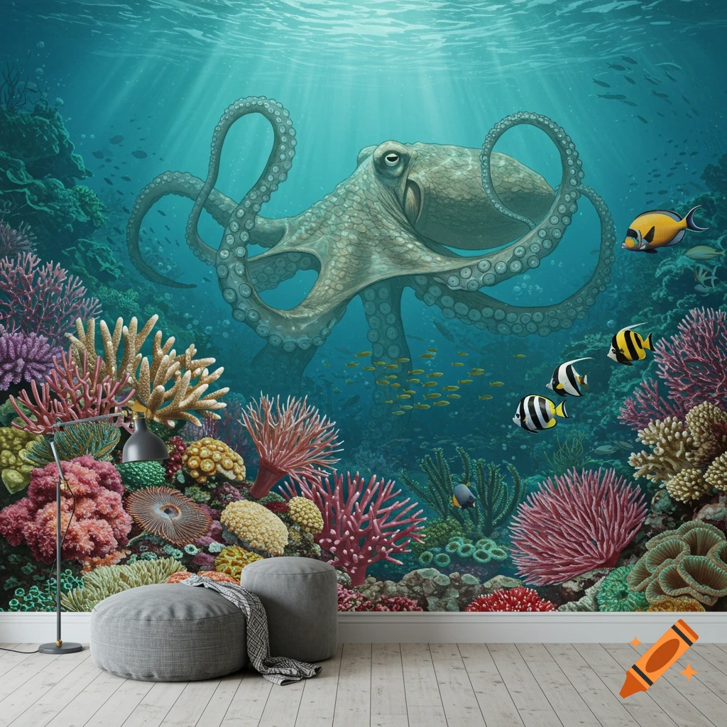 A large octopus swims in a vibrant underwater coral reef scene with fish.