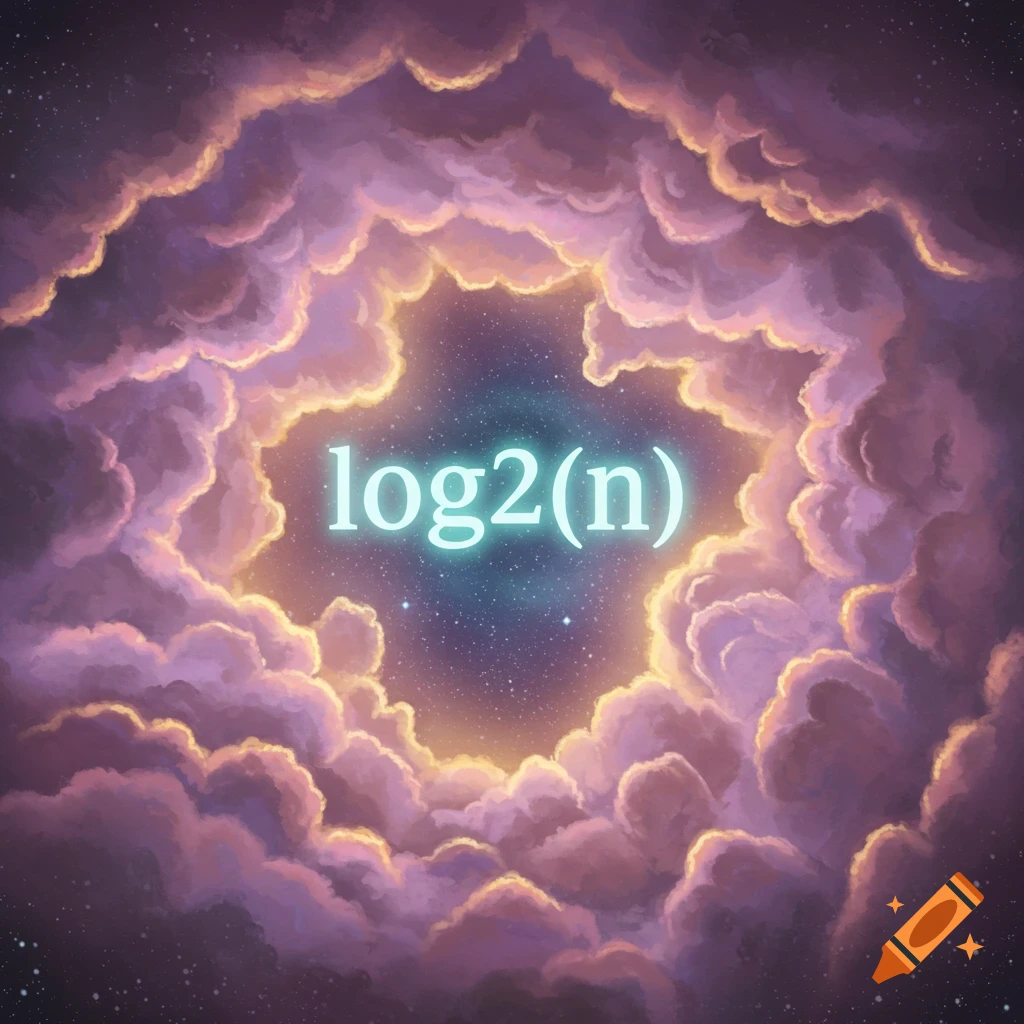 Glowing log2(n) text in parting purple and orange clouds with a starry background, digital art