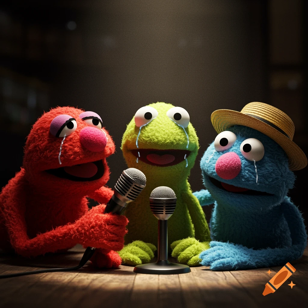 Three colorful Muppet-like puppets cry into microphones under dramatic lighting: a red one clutches a mic, a green one sobs, and a blue one wears a hat.