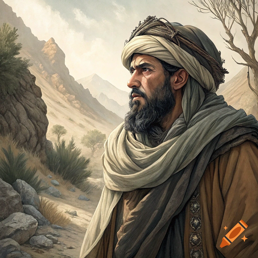 Portrait of a man with a beard and turban in a desert mountain landscape.