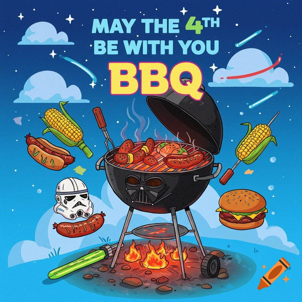 Digital illustration for May the 4th BBQ with Star Wars themed grill, hot dogs, burgers, and corn.