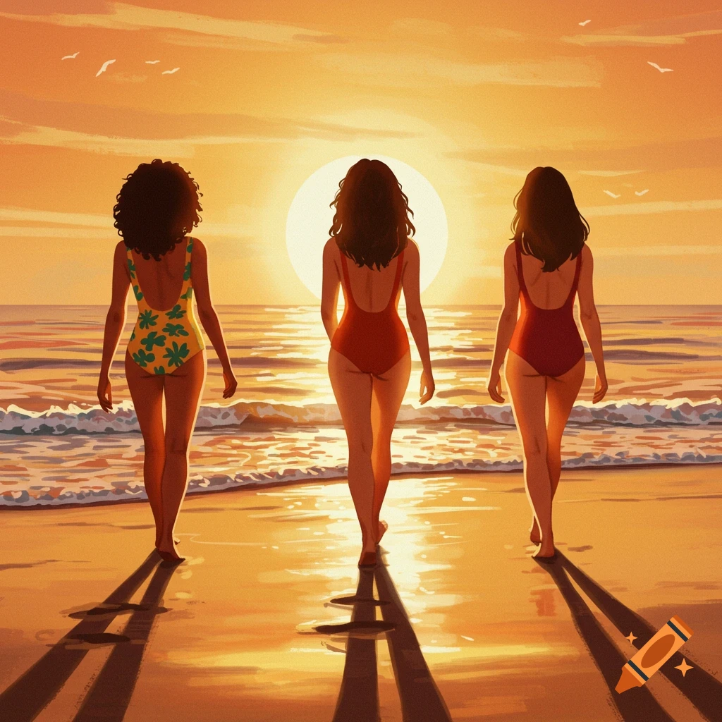 Three women in swimsuits are walking on a beach towards the sunset.
