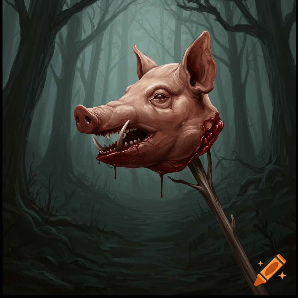 A scary image of a severed pig head on a stick, dripping blood, in a dark forest.