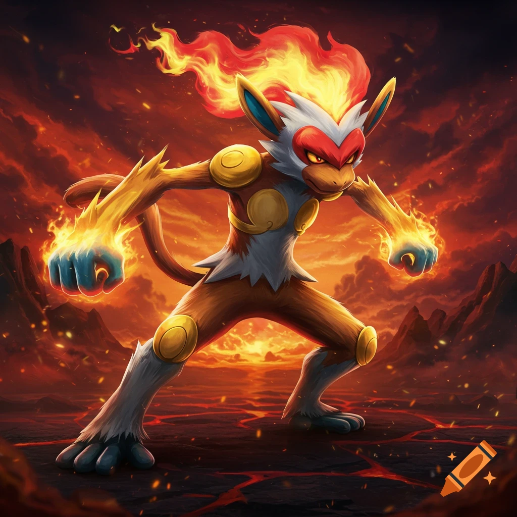 A monkey-like creature stands in a volcanic landscape, its fists glowing with fire.
