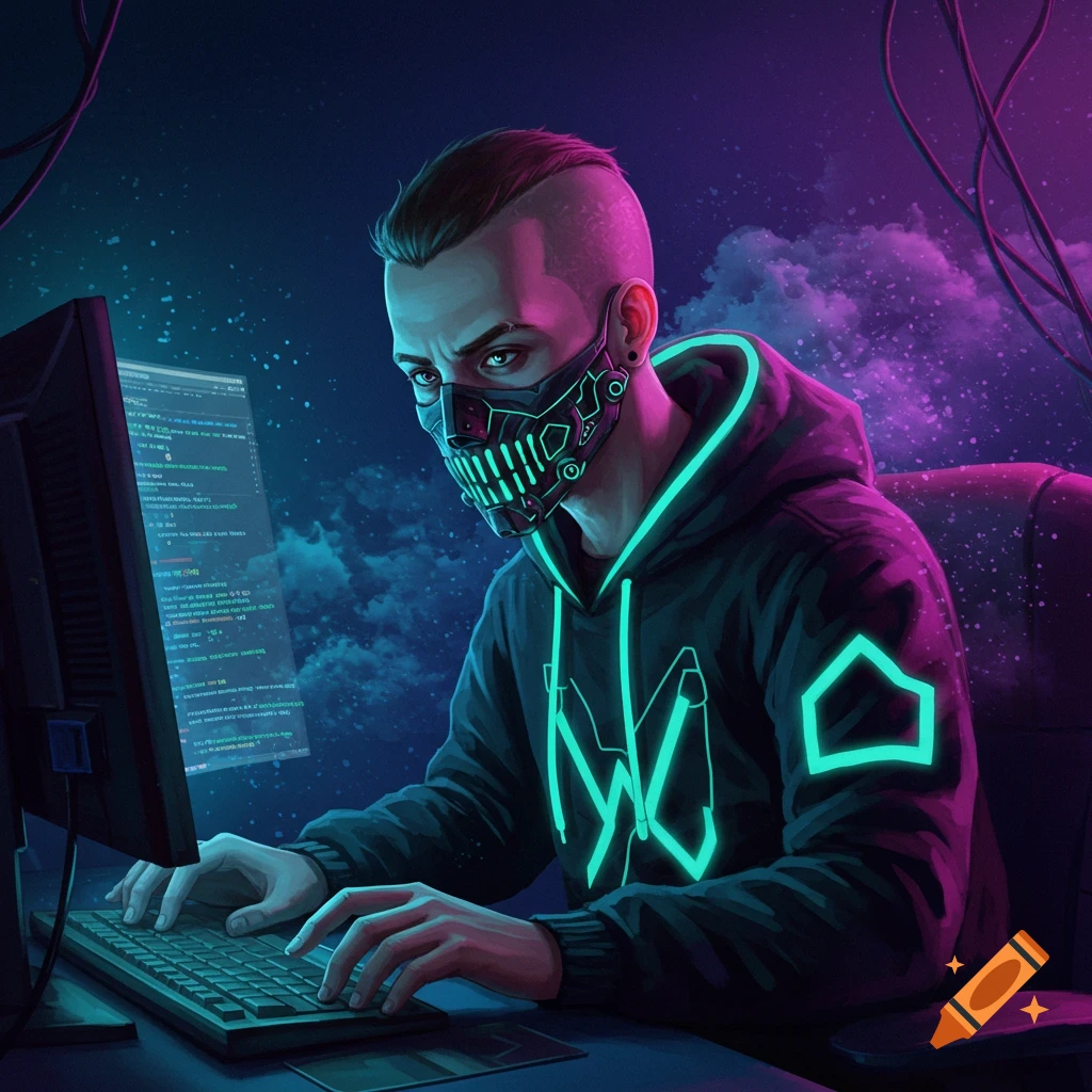 A person wearing a mask and hoodie looks at a computer screen in a dark, neon-lit room, digital art style.