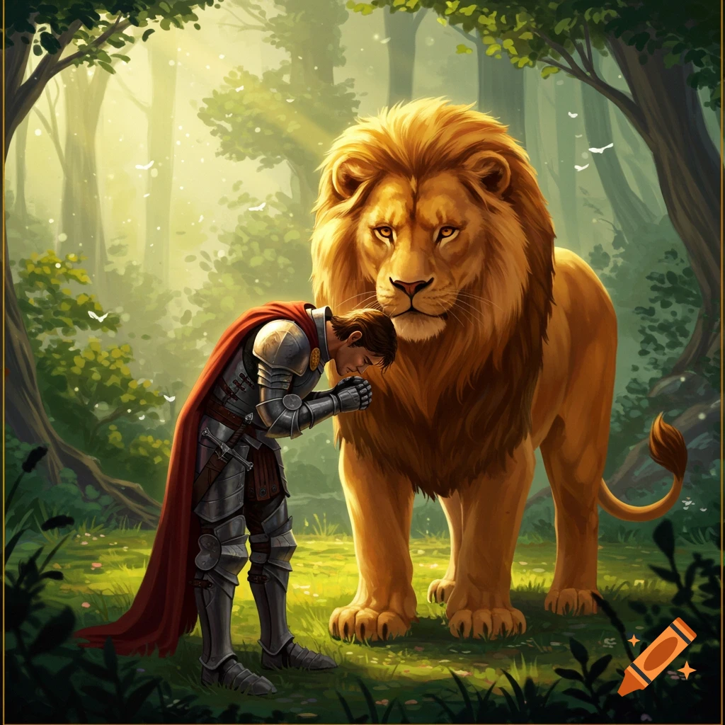 A knight bowing before a large lion in a sunny forest.