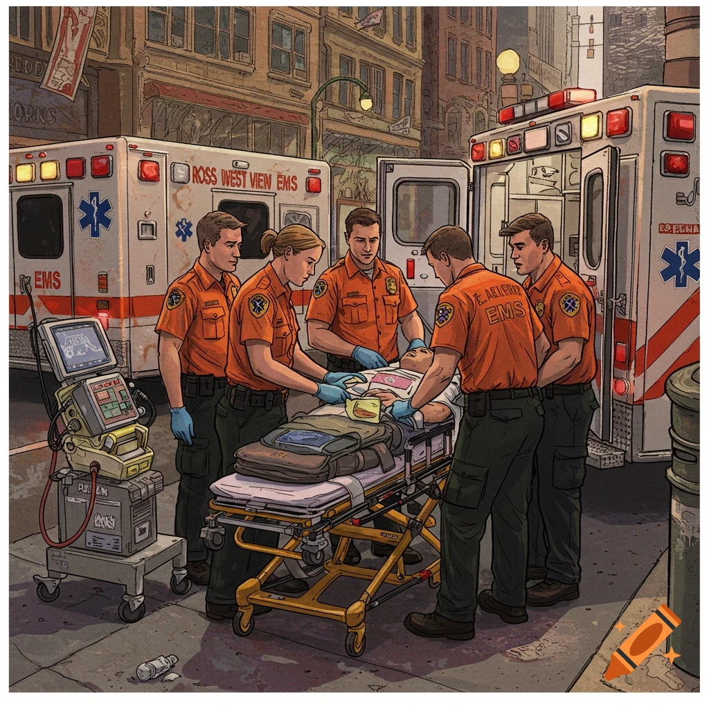 EMTs attend to a patient on a stretcher outside an ambulance.