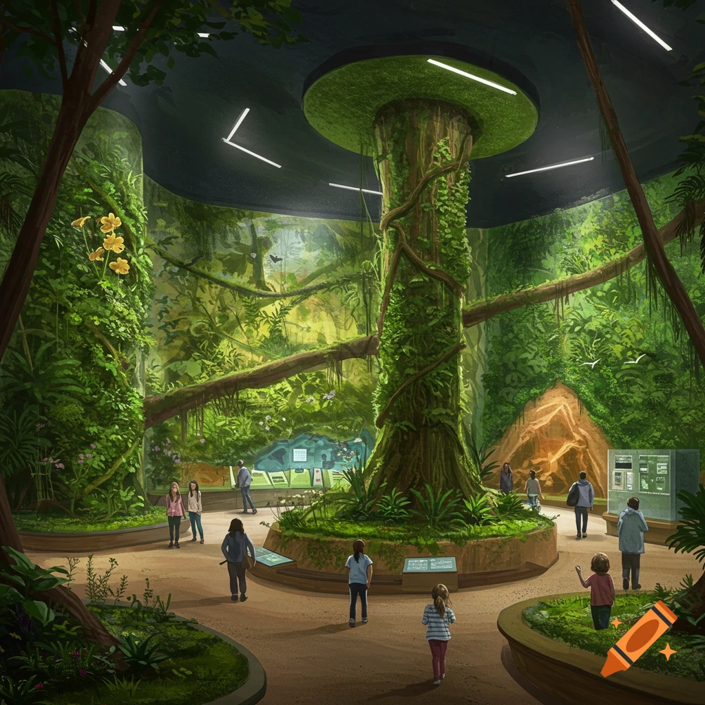 A lush indoor rainforest exhibit with a large tree and people viewing displays.