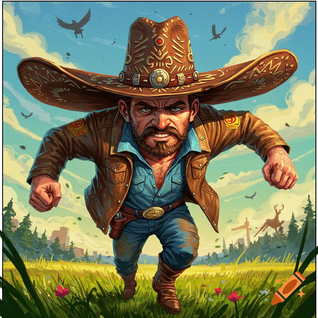 A man in a cowboy hat is running through a field.