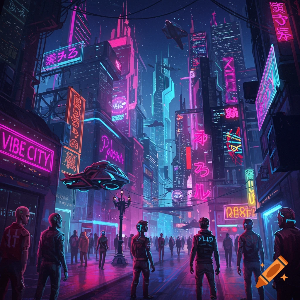 A neon-lit futuristic city street at night with pedestrians and flying vehicles.
