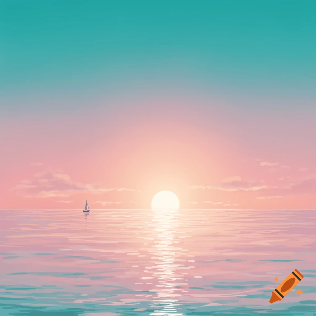 A pink and teal sunset over calm water with a distant sailboat.