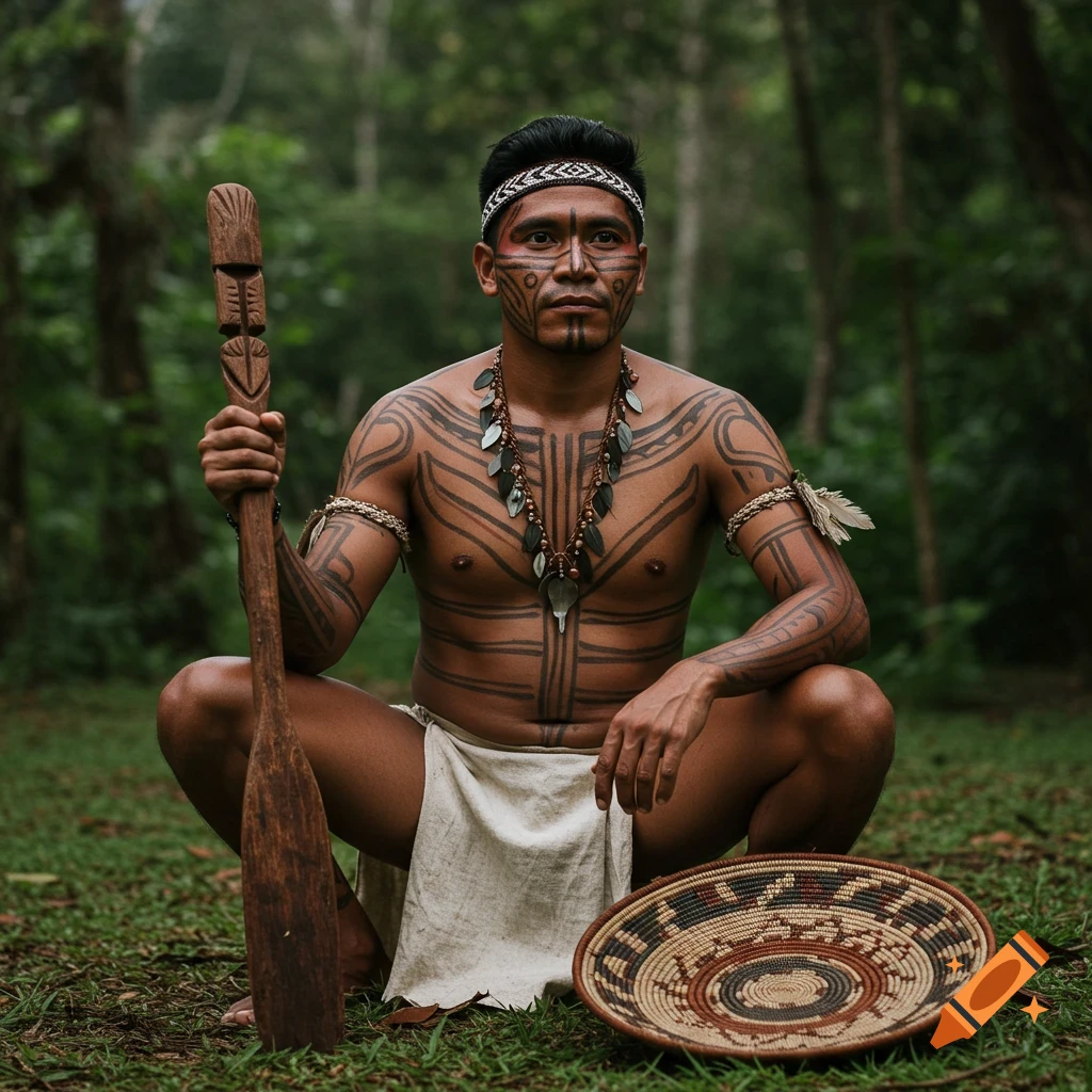 Man with traditional body paint and attire squatting in a forest, holding a wooden paddle, with a basket nearby.