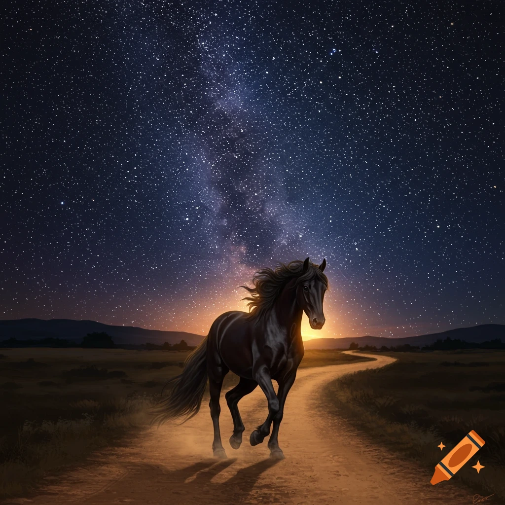 A black horse trots on a dirt path at night under a starry sky with a bright horizon