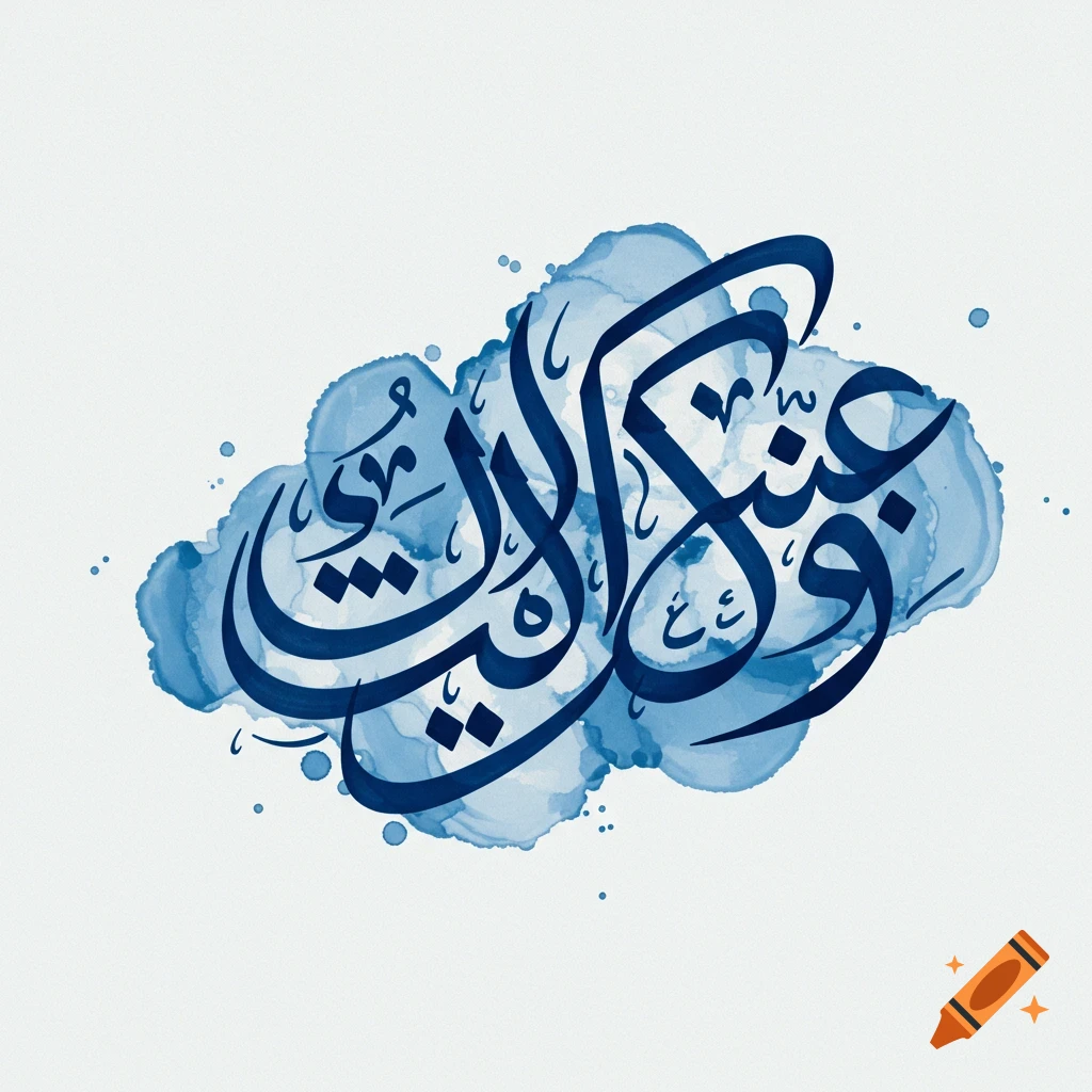 Blue Arabic calligraphy with watercolor splotches on white background.
