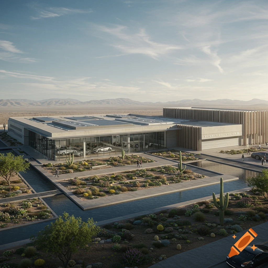 Architectural rendering of a futuristic automotive headquarters in a desert landscape with courtyards and reflecting pools.
