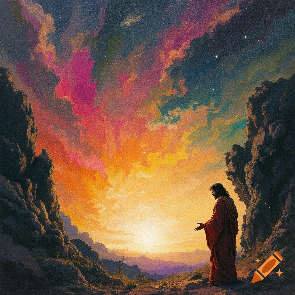 Figure resembling Jesus looking at sunset between cliffs in a dramatic landscape painting.