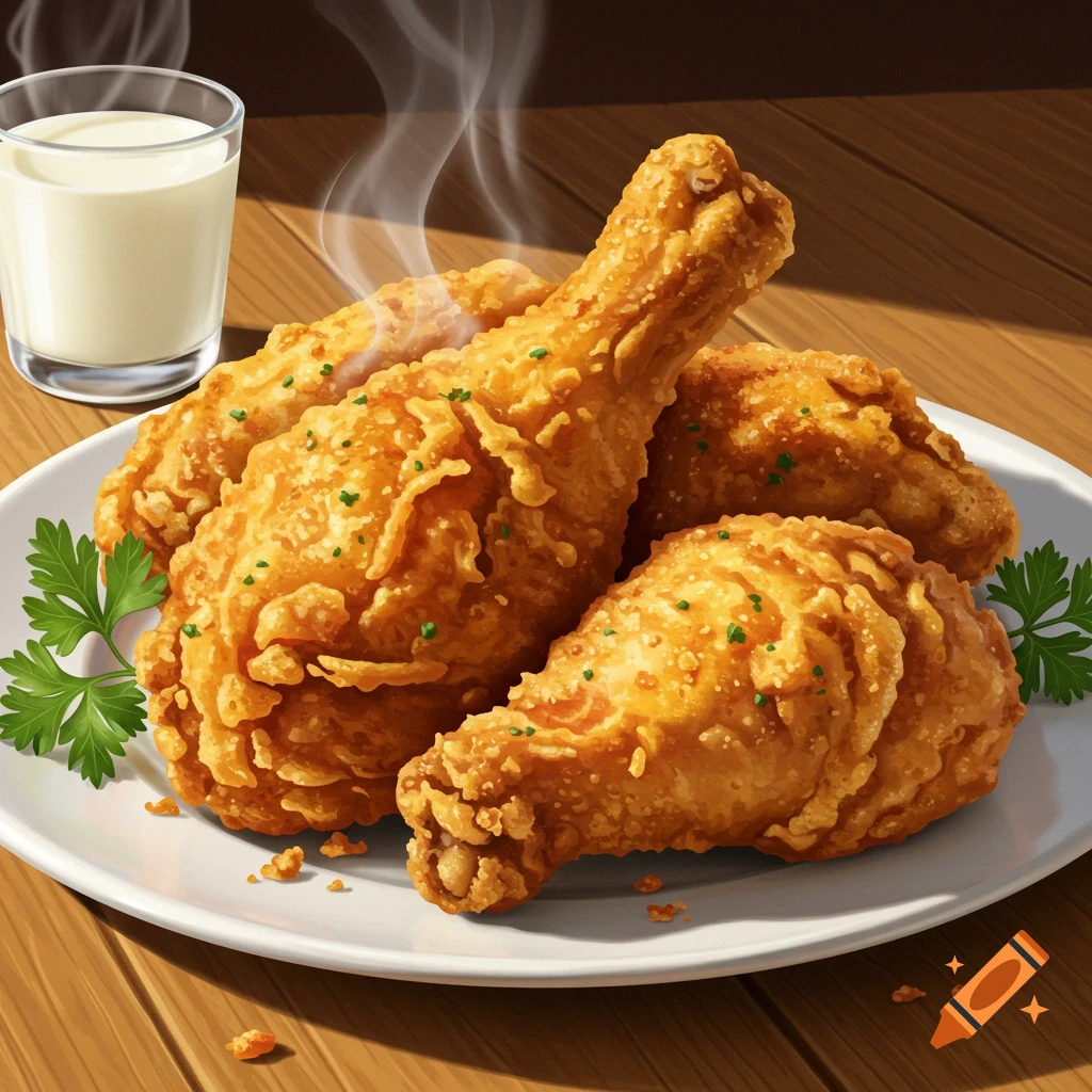 A plate of crispy fried chicken drumsticks and wings sits next to a glass of milk on a wooden table.