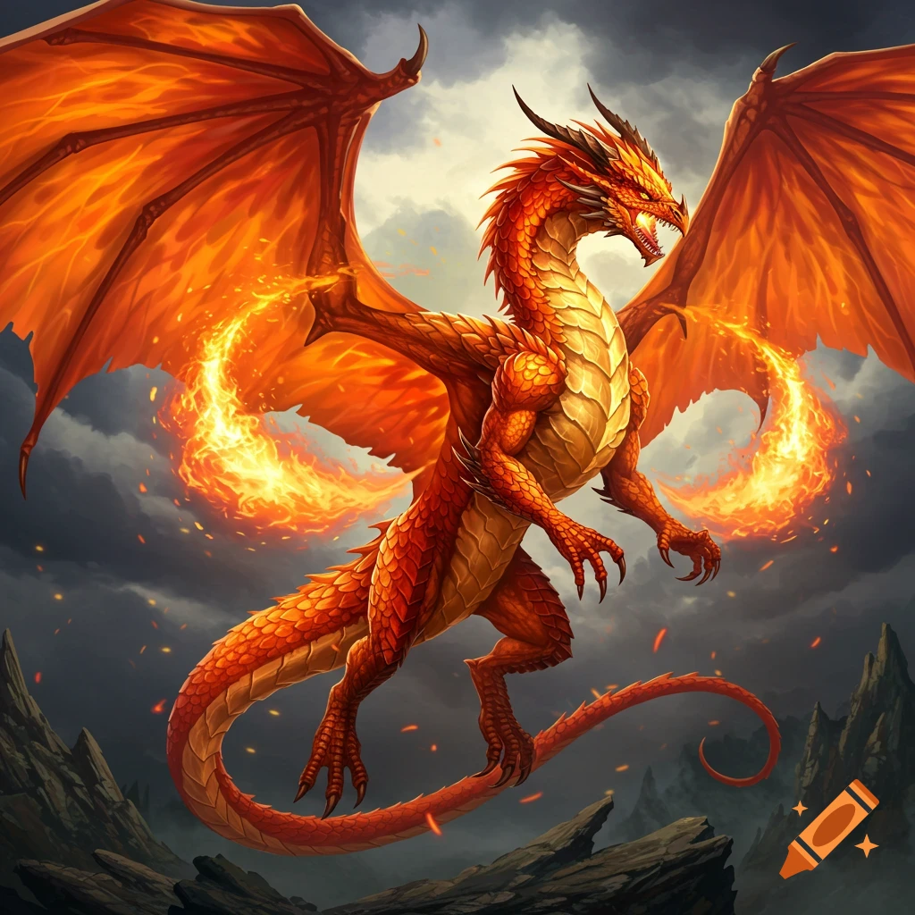 A red fire dragon flying over rocks in a cloudy sky.