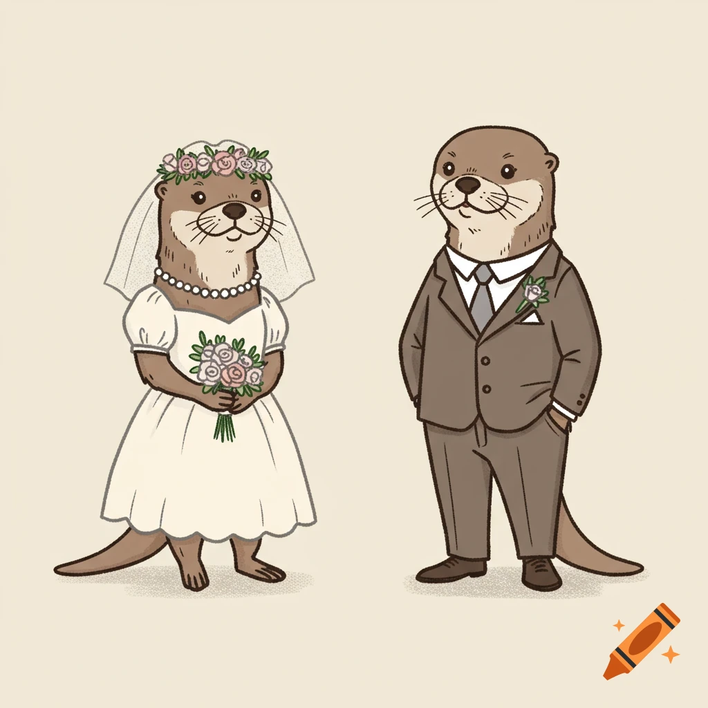 Cartoon illustration of two otters dressed as a bride and groom