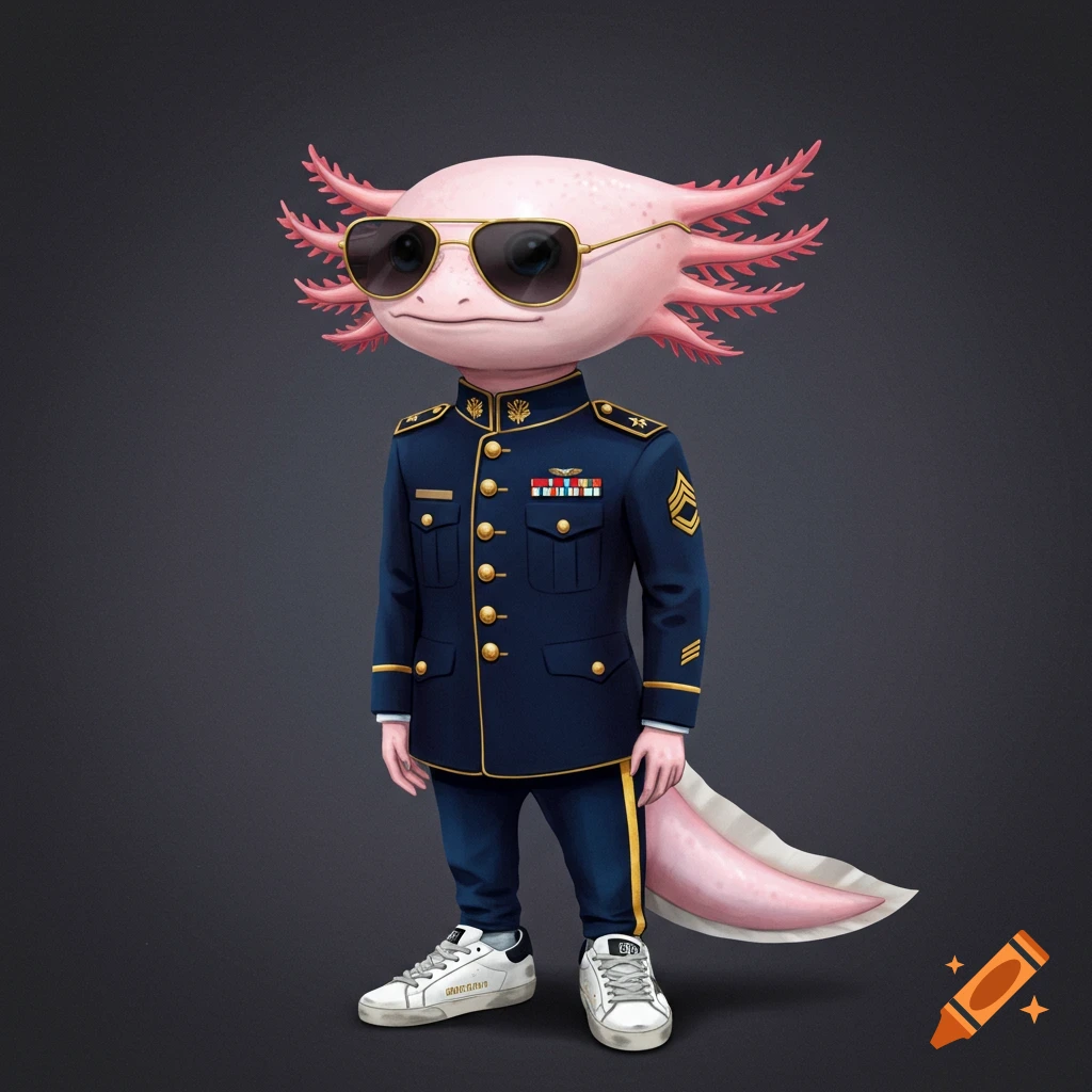 A cool axolotl wears sunglasses, a blue military uniform, and sneakers.