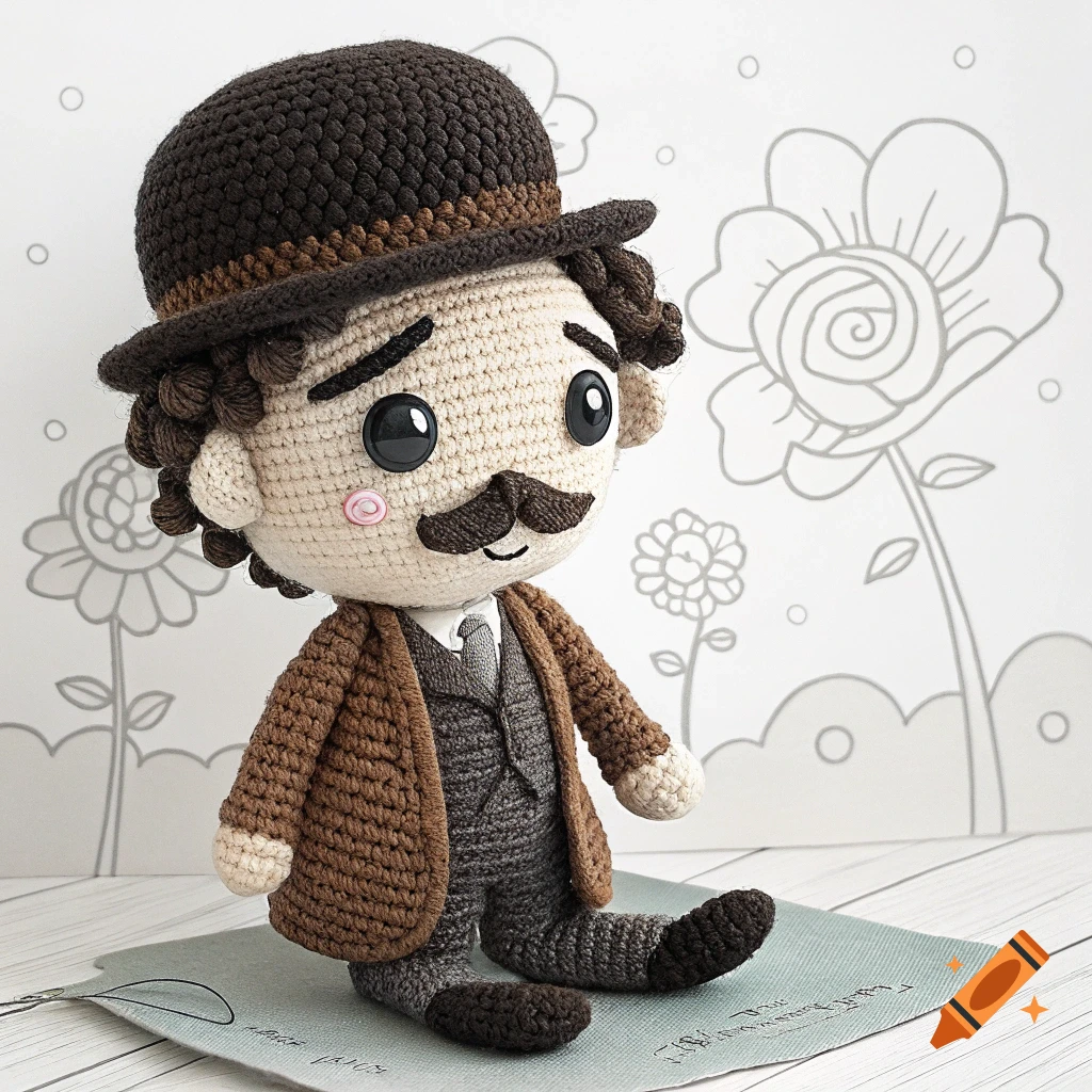 Crocheted doll of Charlie Chaplin in a bowler hat and brown suit.